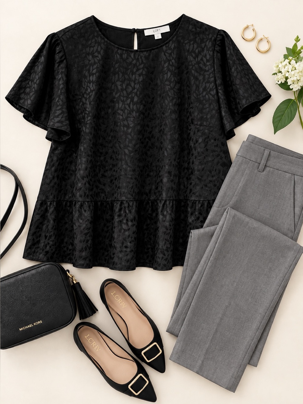 LOFT Black Flutter Sleeve Peplum Top